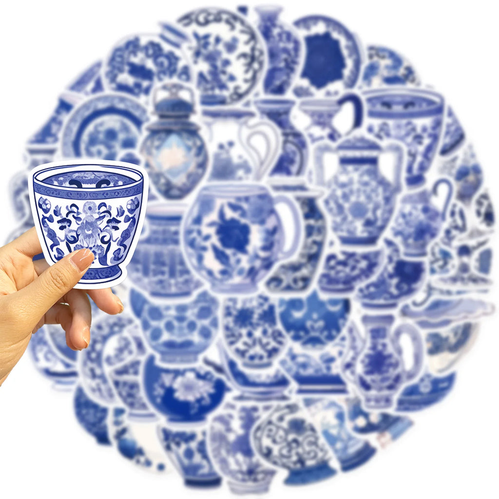 50PCS Cartoon Blue and White Porcelain Stickers Personalized Decoration Guitar Notebook Luggage DIY Waterproof Stickers