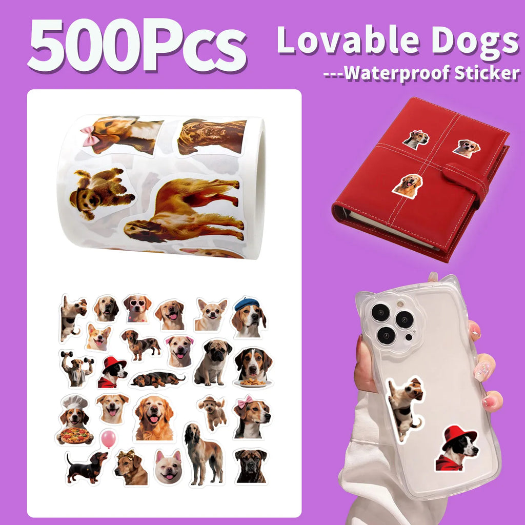 1Roll(500Pcs)24 Irregular Lovable Dogs Vinyl Waterproof Stickers Reusable/No Residue DlY Craft Decoration Pets Scrapbook Labels