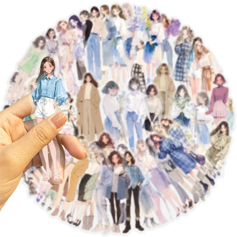 50PCS Kawaii Fashion Girl PET Sticky Sticker Aesthetic Korean Stationery DIY Decoration Scrapbooking School Supplies for Kids