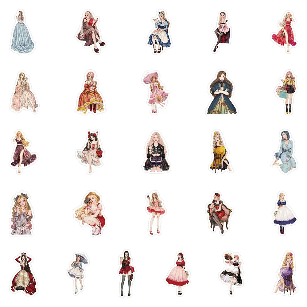 50 Pcs Princess Dress/Cartoon Ballet Animals Stickers Elegant Fashion Waterproof Decorative Stickers Decals