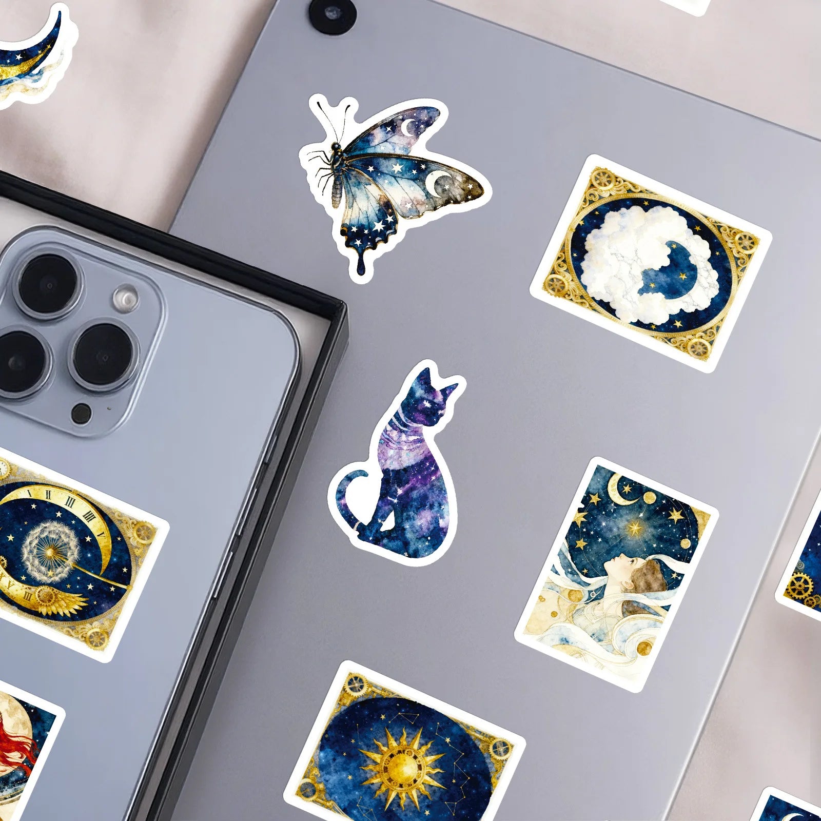 56PCS Dreamy Galaxy Blue Gold Stickers, Phone Tablet Student Stationery Creative Fantasy Decorative Waterproof Art Sticker