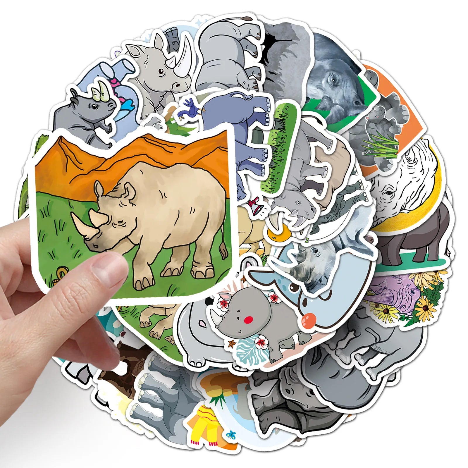 50-Pack Waterproof Rhino Cartoon Animal Graffiti Stickers for DIY Notebook Mobile Phone Luggage Decoration