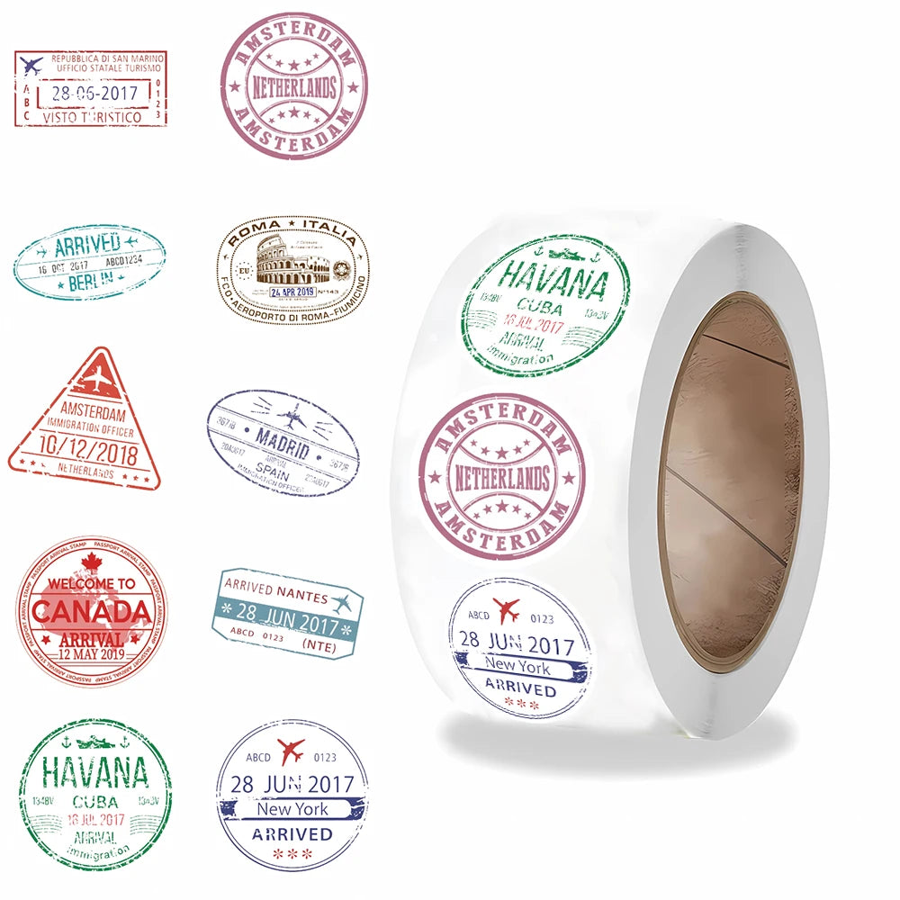 500PCS Passport Stamps Roll Sticker Suitcase Bicycle Notebook Scrapbook Motorcycle PVC Classic Classic Guitar Wall Decor Sticker