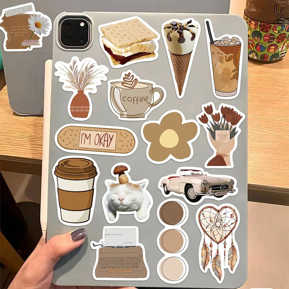 50PCS Brown Aesthetic Decorative Cartoon Stickers Fun Stickers DIY Manual Scrapbook Fixed Phone Laptop Stickers Toy