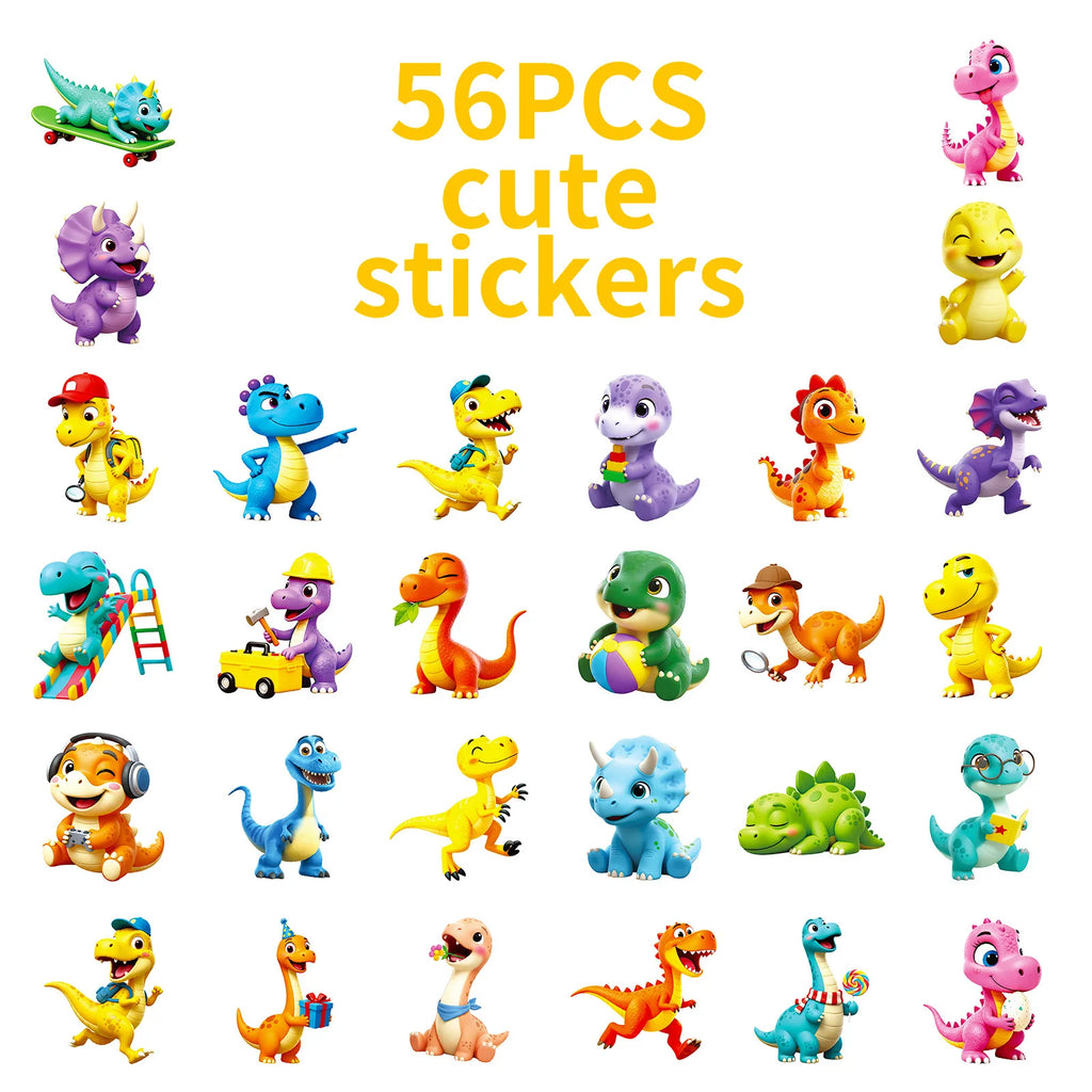 56/112PCS Cartoon 3D Dinosaur Graffiti Stickers Cute Dinosaur Decoration Stationery Notebook Reward Stickers