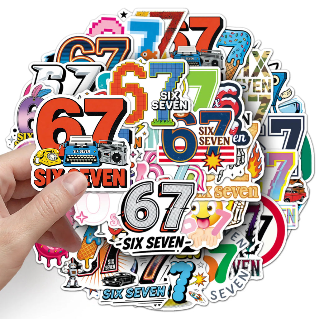 50PCS Cartoon Number 67 Stickers, Funny Meme Six Seven Student Stationery Notebook Waterproof Decorative Stickers