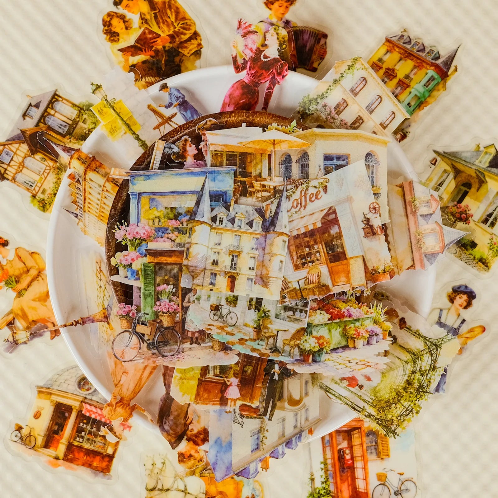 56PCS European Architecture Figure Vintage Street View Stickers, PET Transparent Watercolor Student Stationery Decor Sticker
