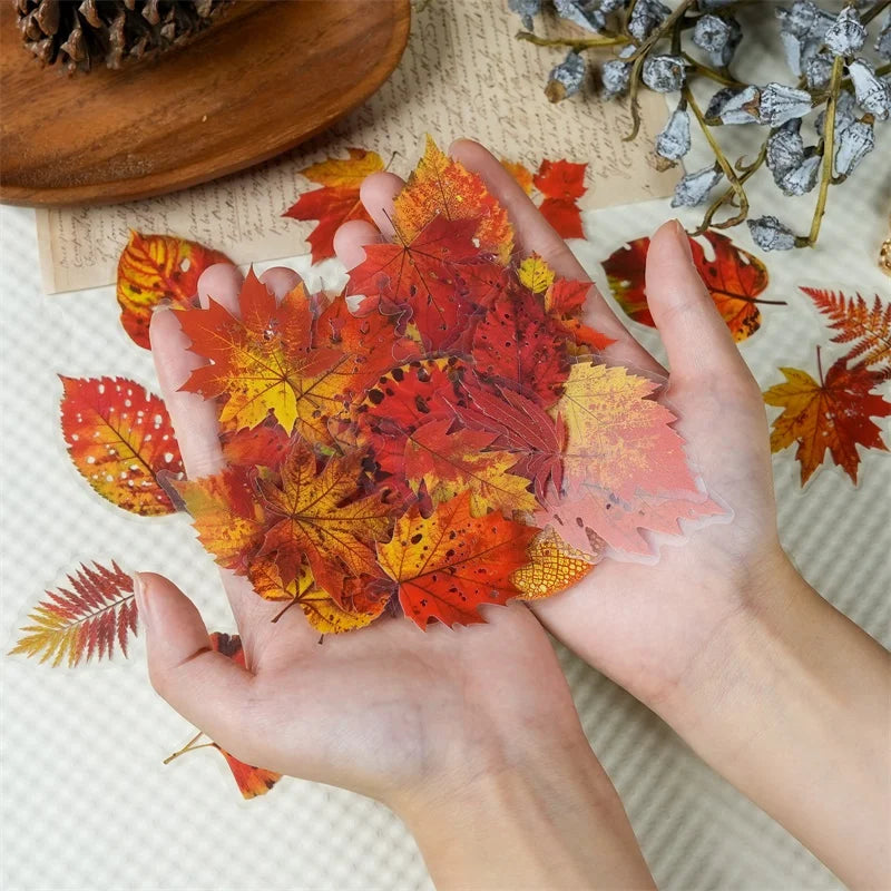 56PCS Red Leaf PET Sticky Sticker Aesthetic Tear Open DIY Decoration Scrapbooking School Stationery Supplies for Kids