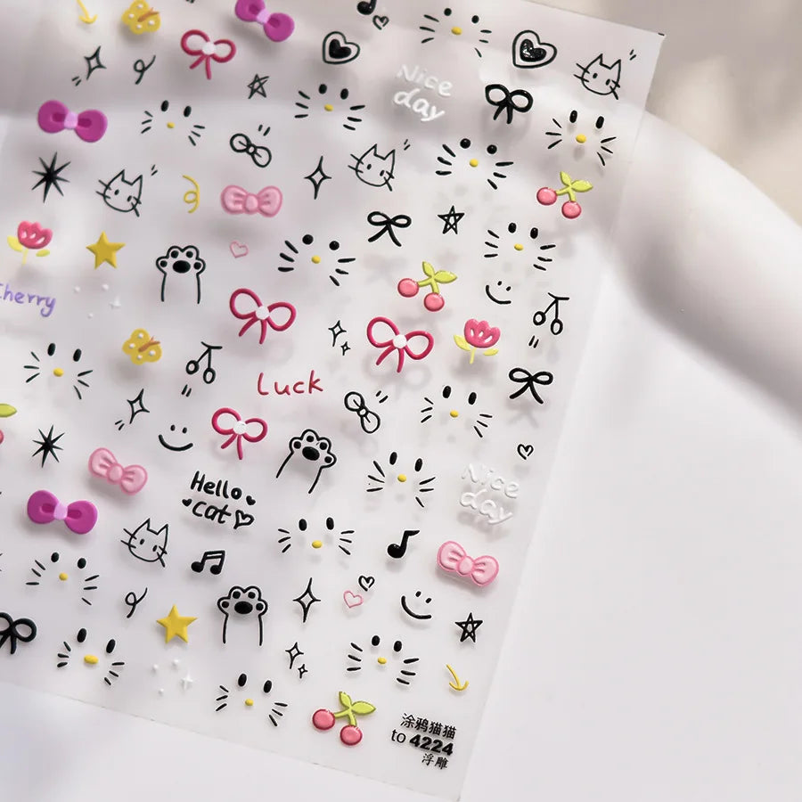 Cute Graffiti Lines Nail Art Stickers 5D Embossed Butterfly Rabbit Nail Art Accessory Stickers DIY Japanese Self Adhesive Decals