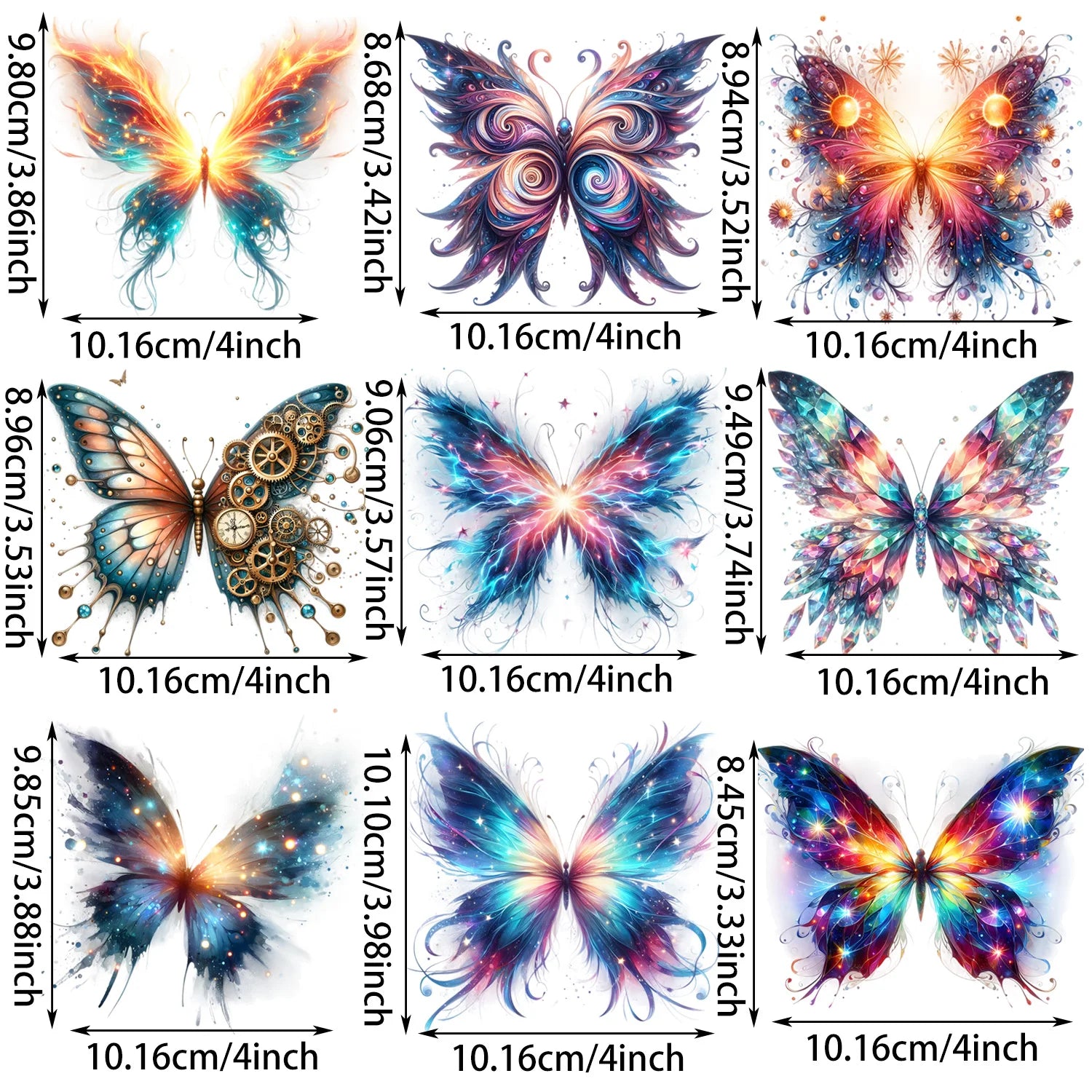 9 sheet Colorful Butterfly Themed Iron-On Decals T-Shirt Heat Transfer Suitable for DIY, Cool, Beautiful, T-Shirts, Masks, Jeans