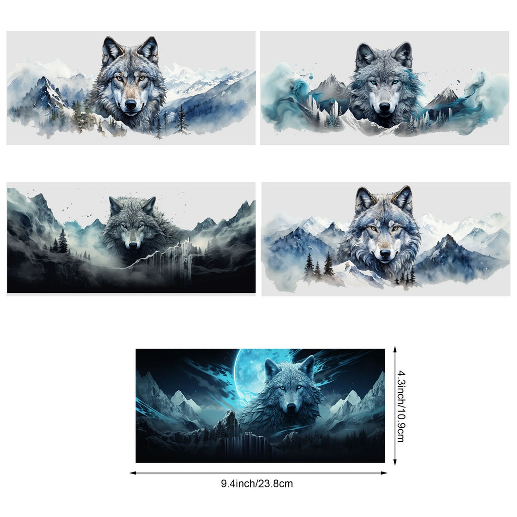 5 sheets Wolf UV DTF Cup Stickers, DTF Transfer Stickers, Waterproof Wipe Transfer Paper for 16oz Glass, Mugs, Crafts, Furniture