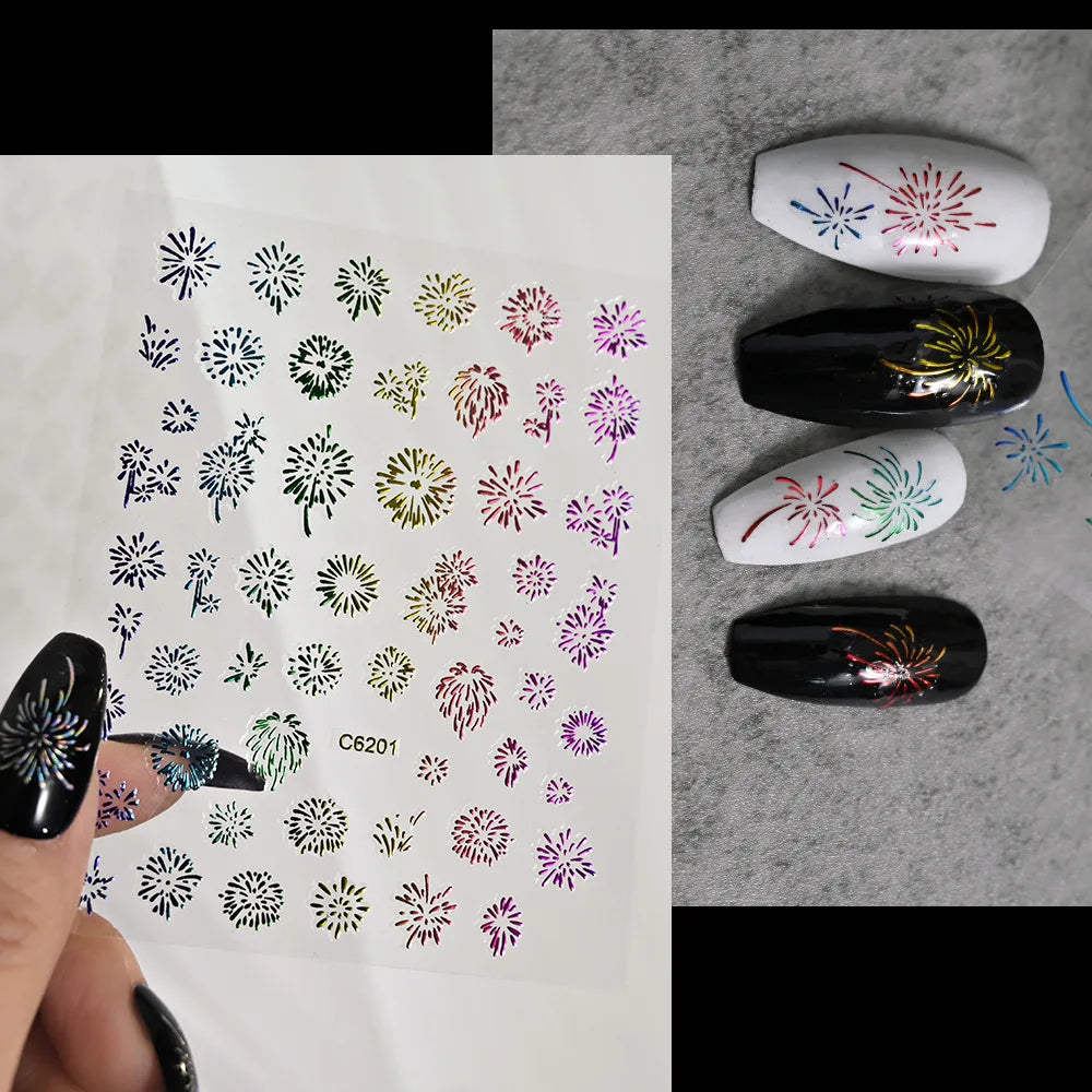 Laser Firework Nail Stickers 3D Self-Adhesive Blooming Fireworks Nail Art Decals New Year Firework Nail Decorations Slider 1pcs