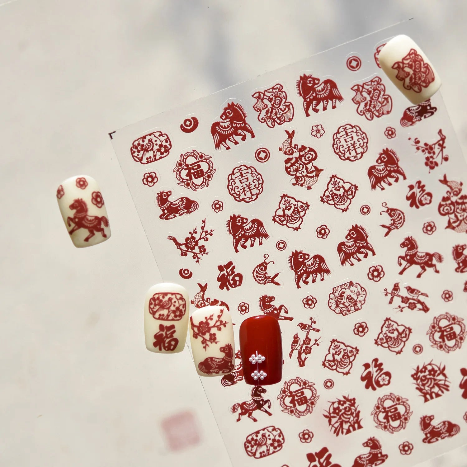 3D Thin and Tough Nail Stickers New Year Red Horse Paper-cutting Window Decorations Nail Art Stickers DIY Nails Accessory Decals