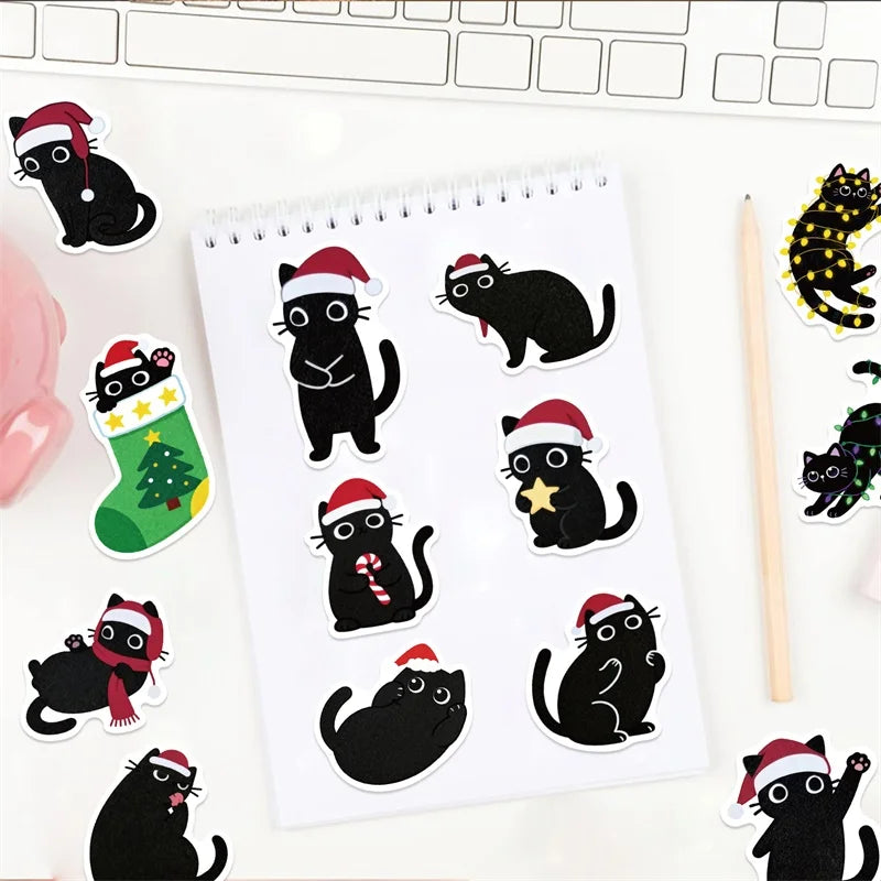 10/30/50PCS Kawaii Christmas Black Cat PVC Sticky Sticker Aesthetic DIY Children's Decoration Scrapbooking School Supplies