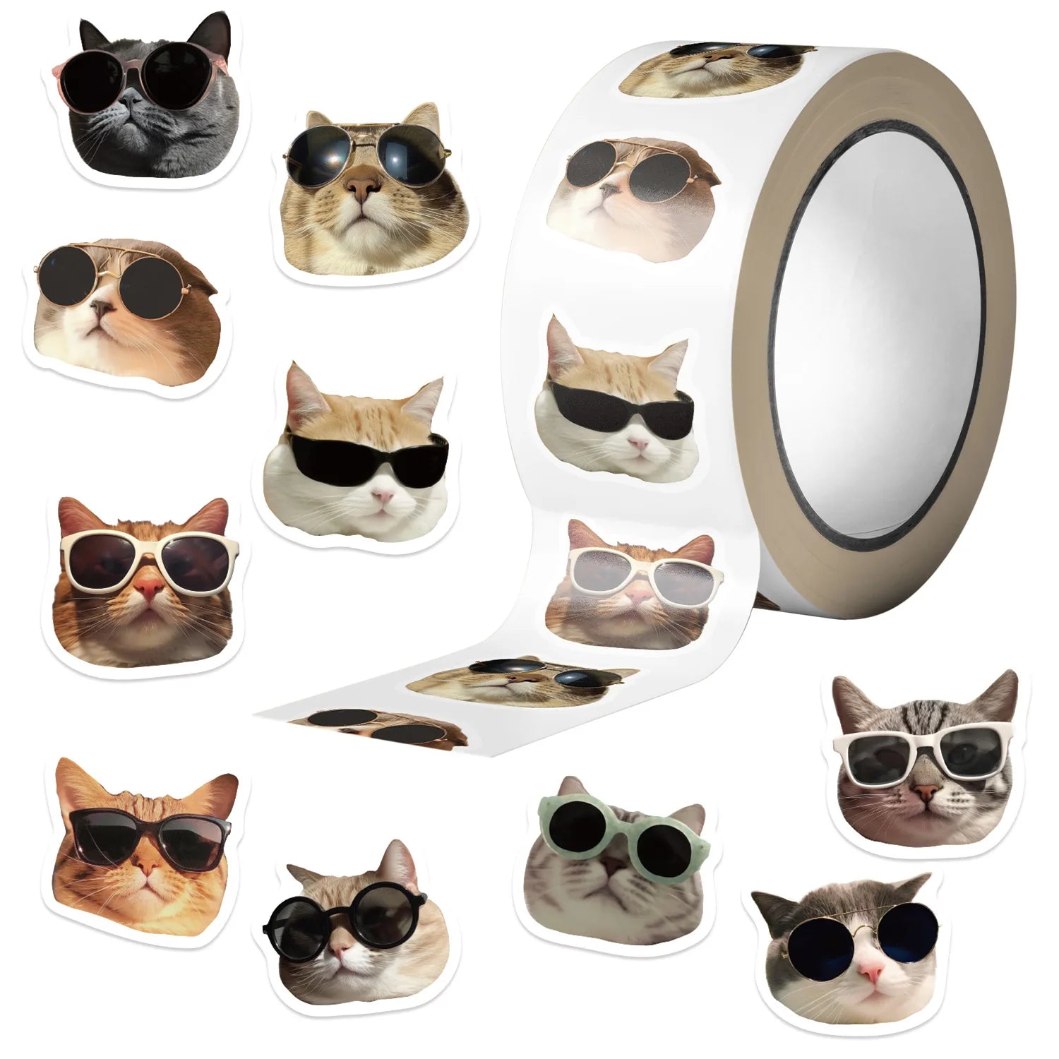 500PCS Roll Stickers Cute Cartoon Wearing Sunglasses Cat Head Decoration Reward Stationery Stickers for Children