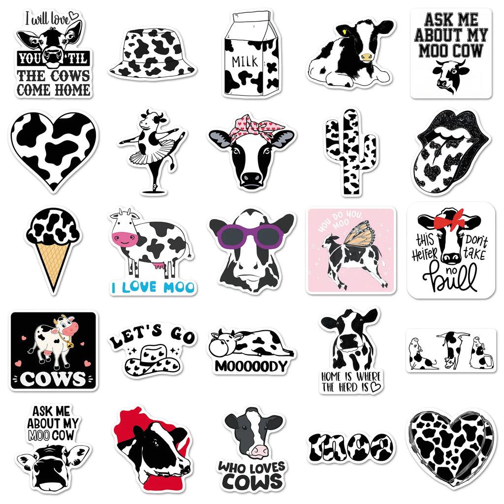 50-Pack Fun Black & White Polka Dot Cow Stickers Waterproof Decorative Stickers for Guitars Luggage Helmets Stationery Notebooks