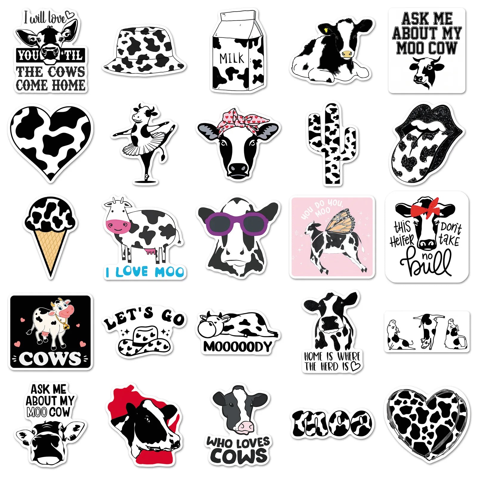 50-Pack Fun Black & White Polka Dot Cow Stickers Waterproof Decorative Stickers for Guitars Luggage Helmets Stationery Notebooks