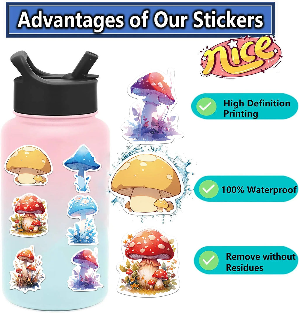 50/200PCS Cartoon Watercolor Mushroom Graffiti Stickers Luggage Guitar Notebook Stationery Decoration Waterproof Stickers