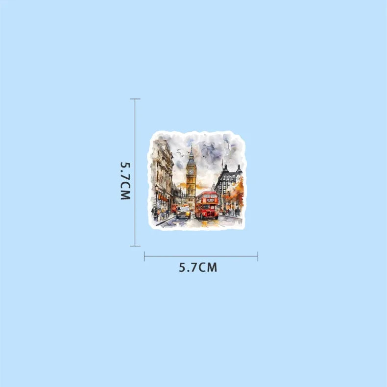50-Pack Watercolor London Scene Stickers Students Guitar Notebook Luggage DIY Waterproof Decals