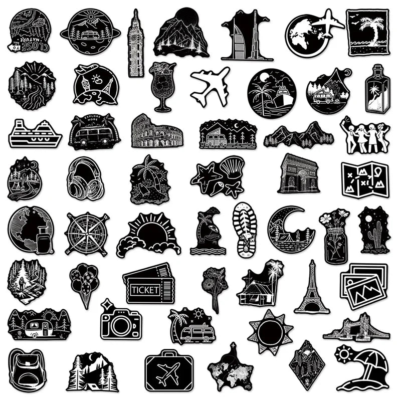 10/30/50PCS Black White Travel PVC Sticky Sticker Aesthetic DIY Children's Decoration Scrapbooking School Supplies