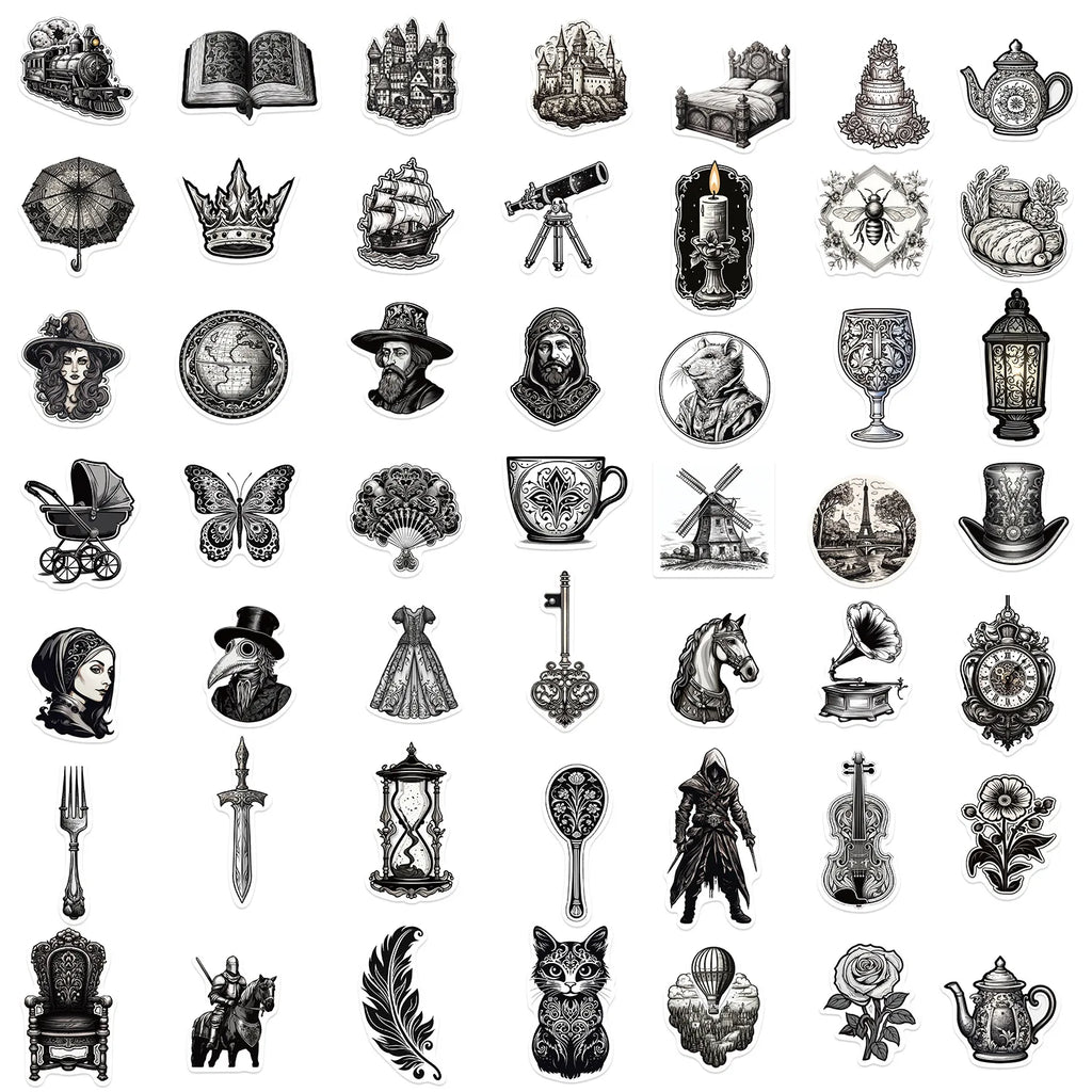 50/100PCS Black & White Medieval Style Graffiti Stickers Guitar Notebook Luggage DIY Waterproof Stickers