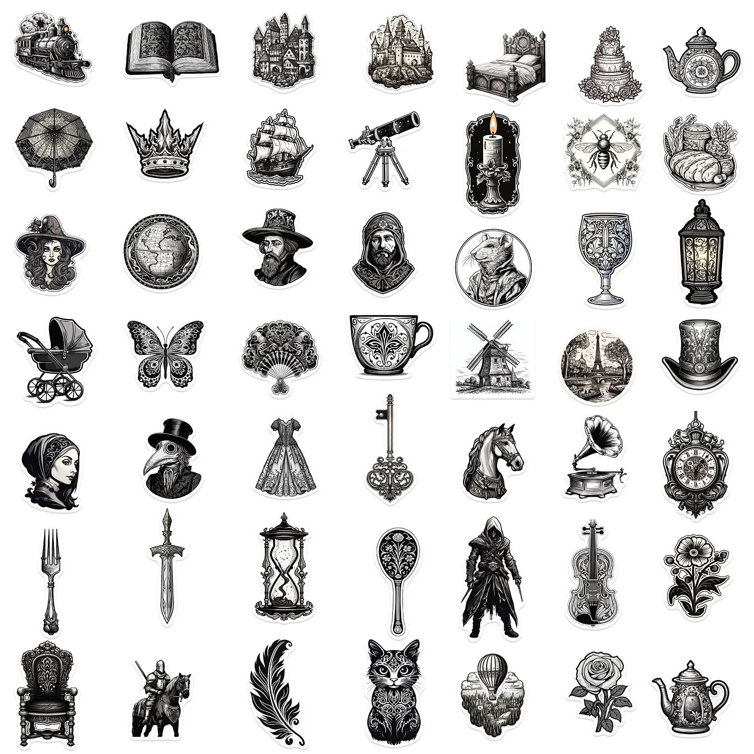 50/100PCS Black & White Medieval Style Graffiti Stickers Guitar Notebook Luggage DIY Waterproof Stickers