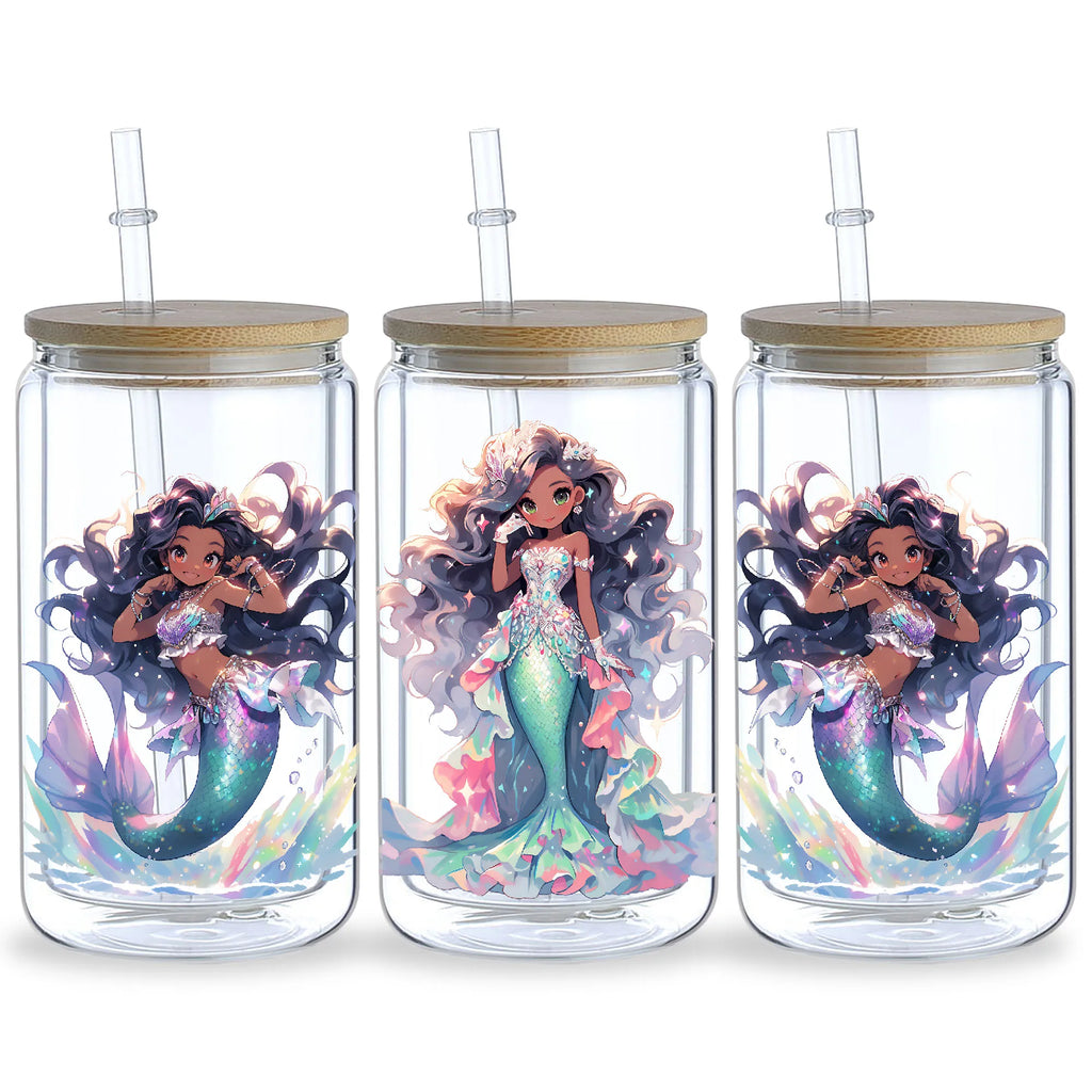 5 Sheets Mermaid UV DTF Glass Cup Wrap Transfer Stickers, DTF Transfer Stickers, Waterproof Wipe-Off Transfer Stickers