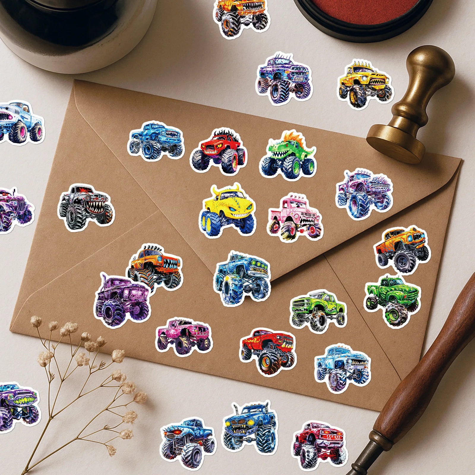 56PCS Wild Monster Car Stickers Student Notebook Skateboard Helmet Waterproof DIY Unique Decorative Art Decal Sticker