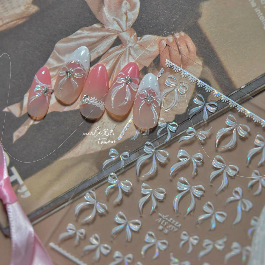 1pcs 3D White Bow Nail Decoration Stickers 5D Jelly Ribbon Bow kont Self Adhesive Nail Art Stickers DIY DIY Manicure Accessories