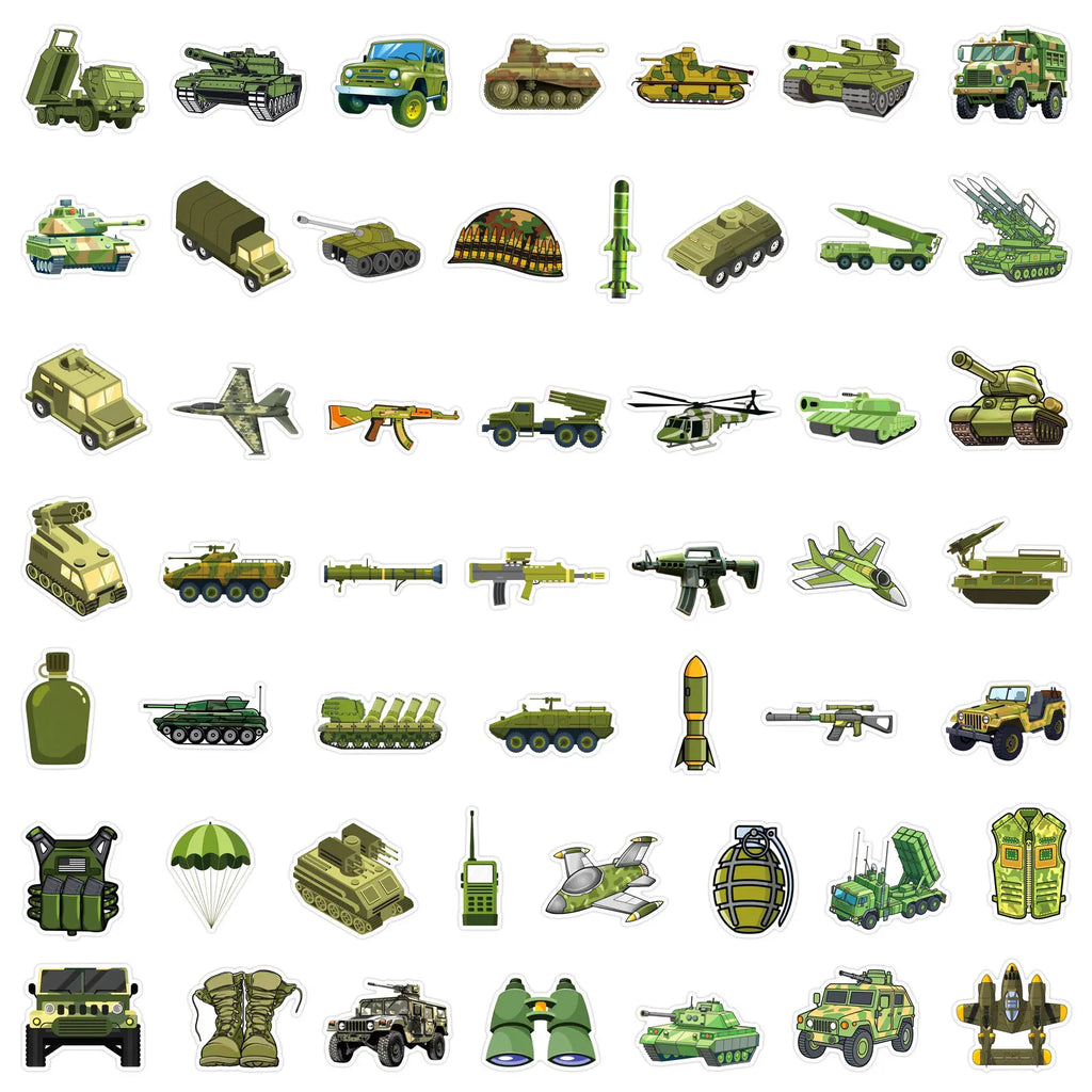 50/100 Pcs Tank Missile Helicopter Military Camouflage Equipment Enthusiast Stickers for Cup Skate Suitcase Helmet Car Bicycle