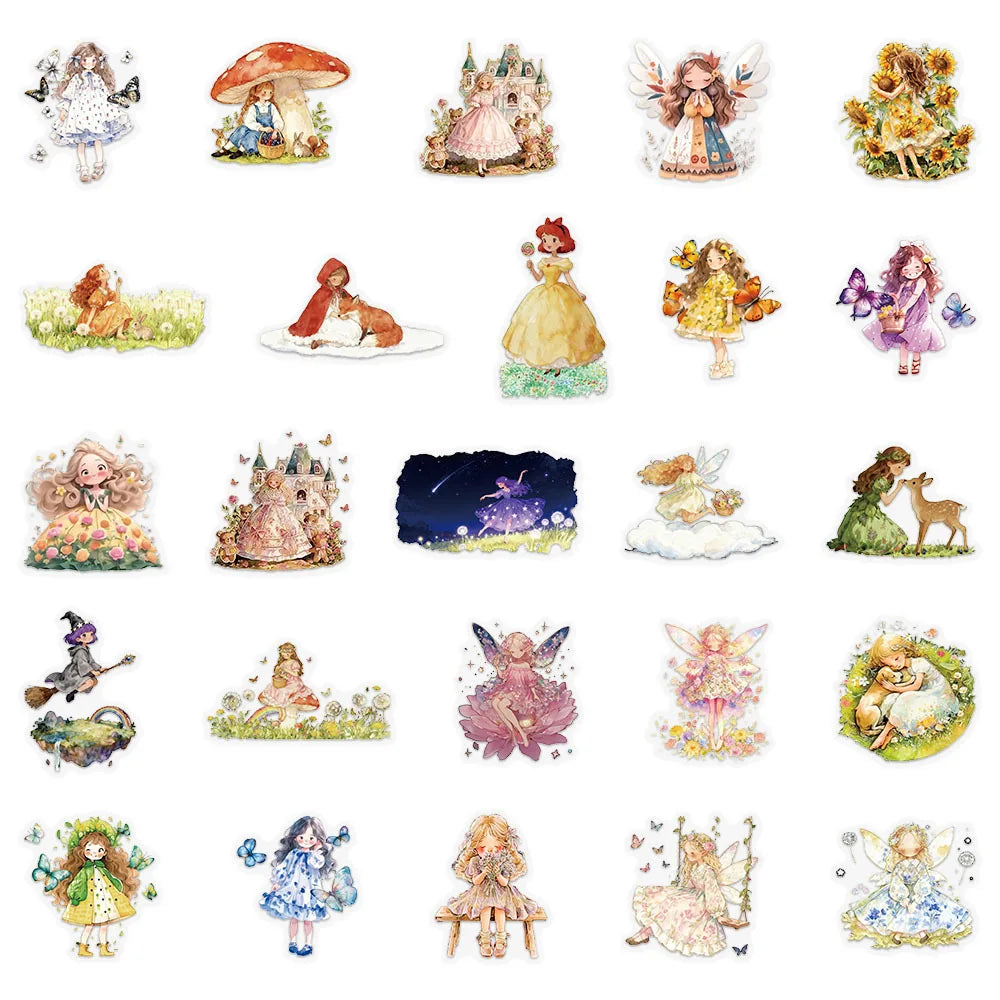 50-Pack Fairy Tale Princess PET Waterproof Plastic Stickers for DIY Phone Luggage Cup Stationery Notebook Decorative Decals