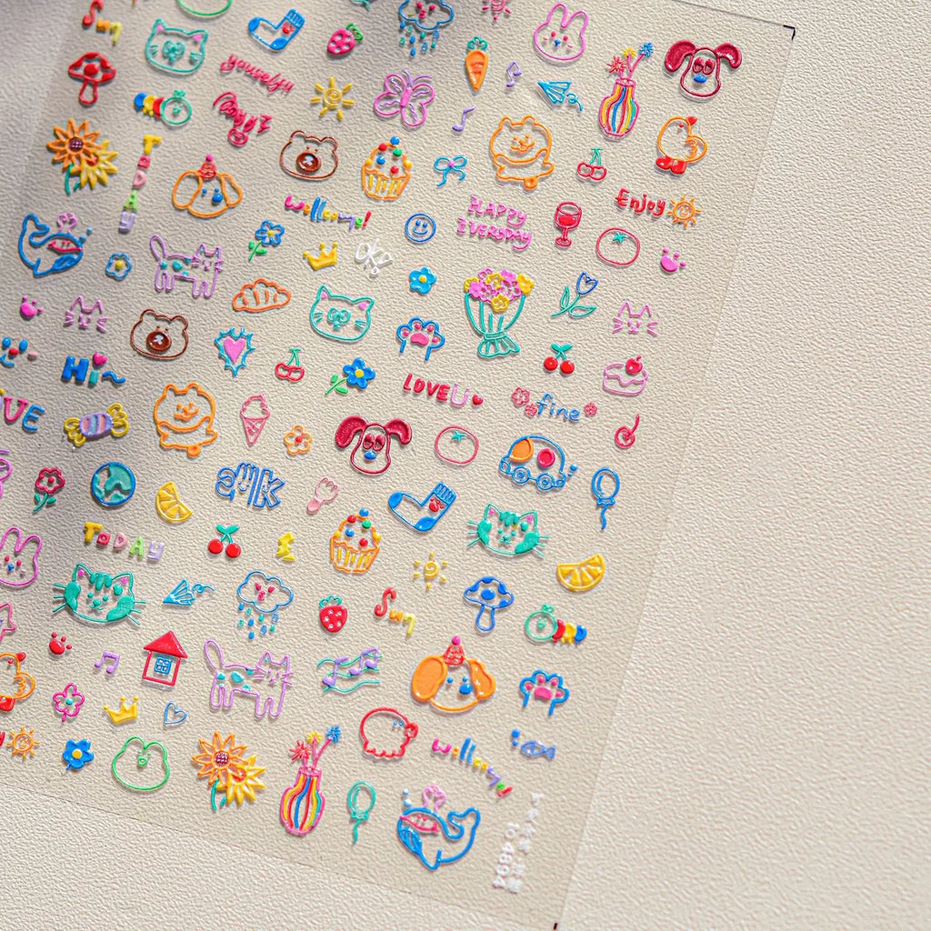 Cute Graffiti Nails Sticker 3D Simple Cat Claw Rabbit Bear Dog Flower Lovely Animal Fruit Adhesive 5D Embossed Nail Art Stickers