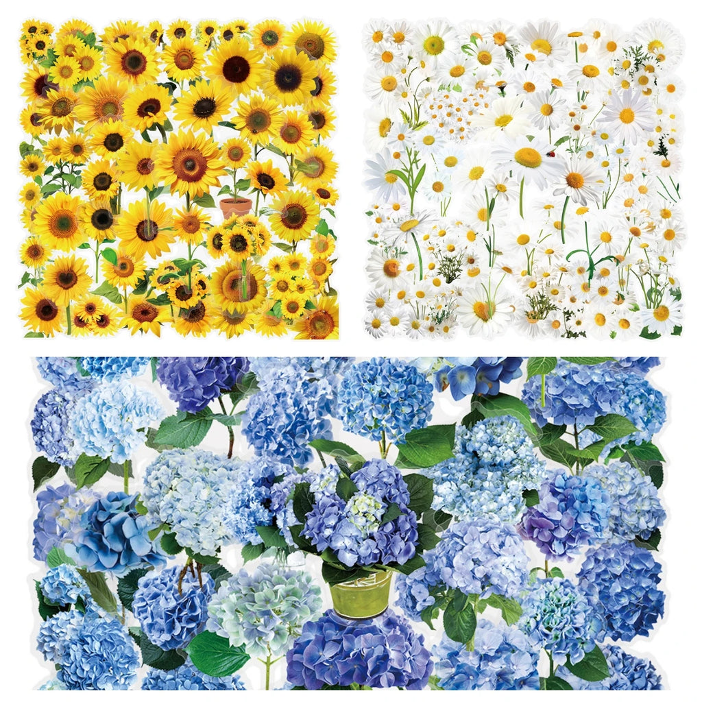 150PCS MIX Hydrangea & Sunflower & Daisy Graffiti Stickers Small Fresh Flowers Plant Decor Stationery Notebook Plastic Sticker