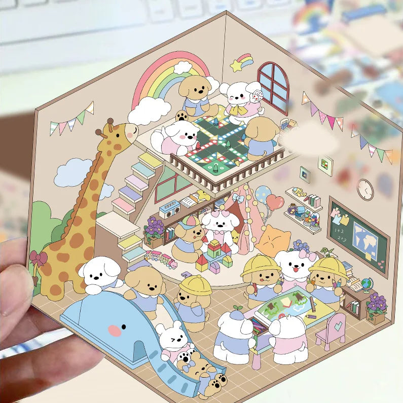 Cartoon Scenery Stickers, Cute Miniature World 3D Decompression DIY Scene Stationery Decals Stickers