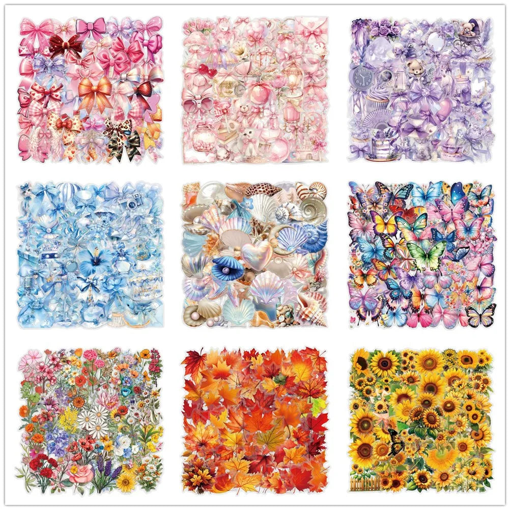 Variety 60PCS Waterproof Transparent PET Butterfly Flower Shell Cartoon Graffiti Stickers DIY Decor Guitar Notebook Stationery