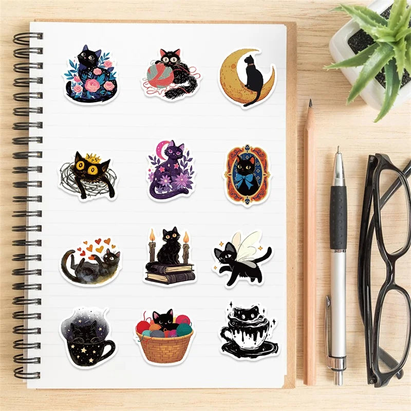10/30/50PCS Cartoon Black Star Cat PVC Sticky Sticker Aesthetic DIY Stationery Decoration Scrapbooking School Supplies for Kids