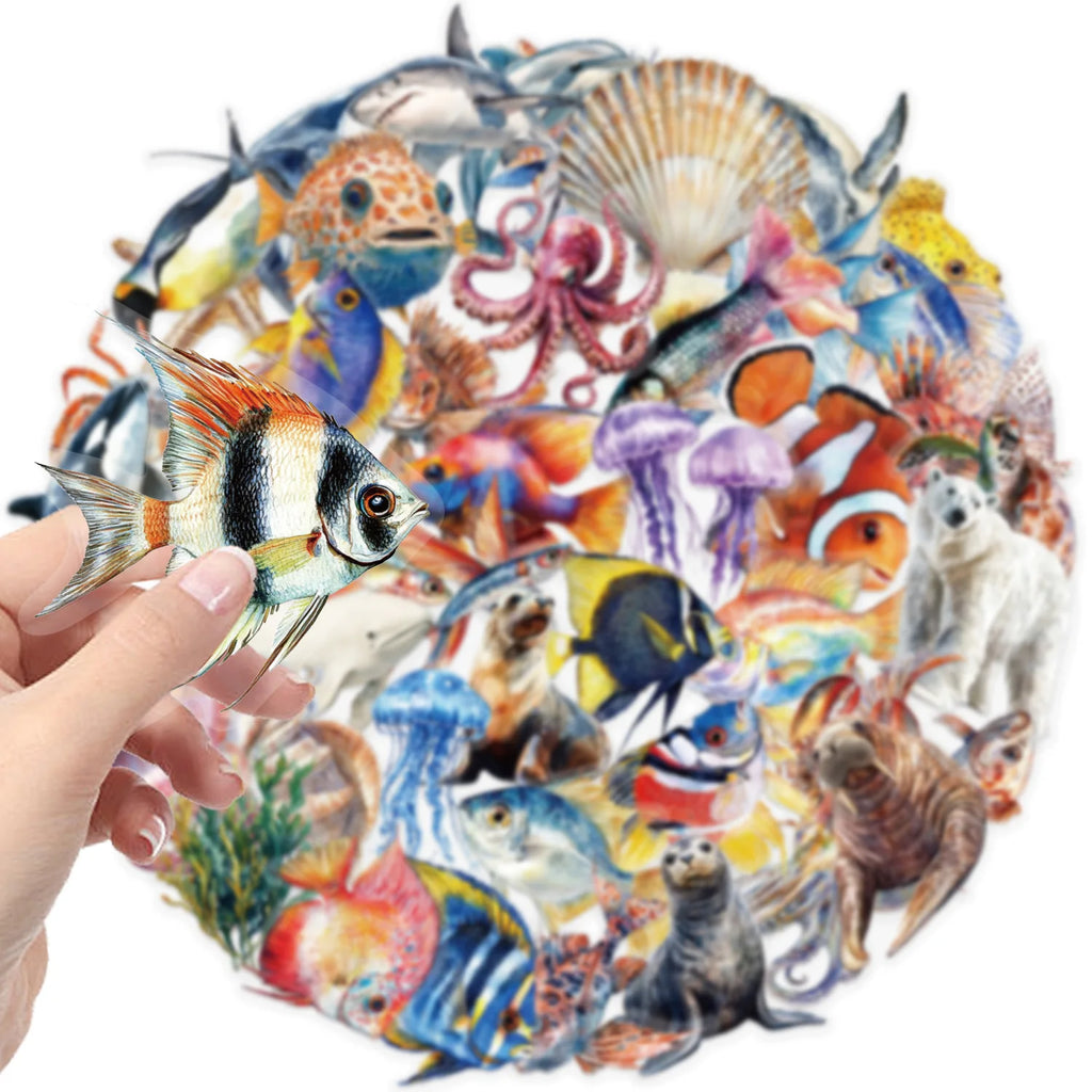 50PCS Marine Animal Cartoon Stickers Octopus Shell Fish DIY Scrapbooking Stationary Travel Luggage Laptop Waterproof PET Sticker
