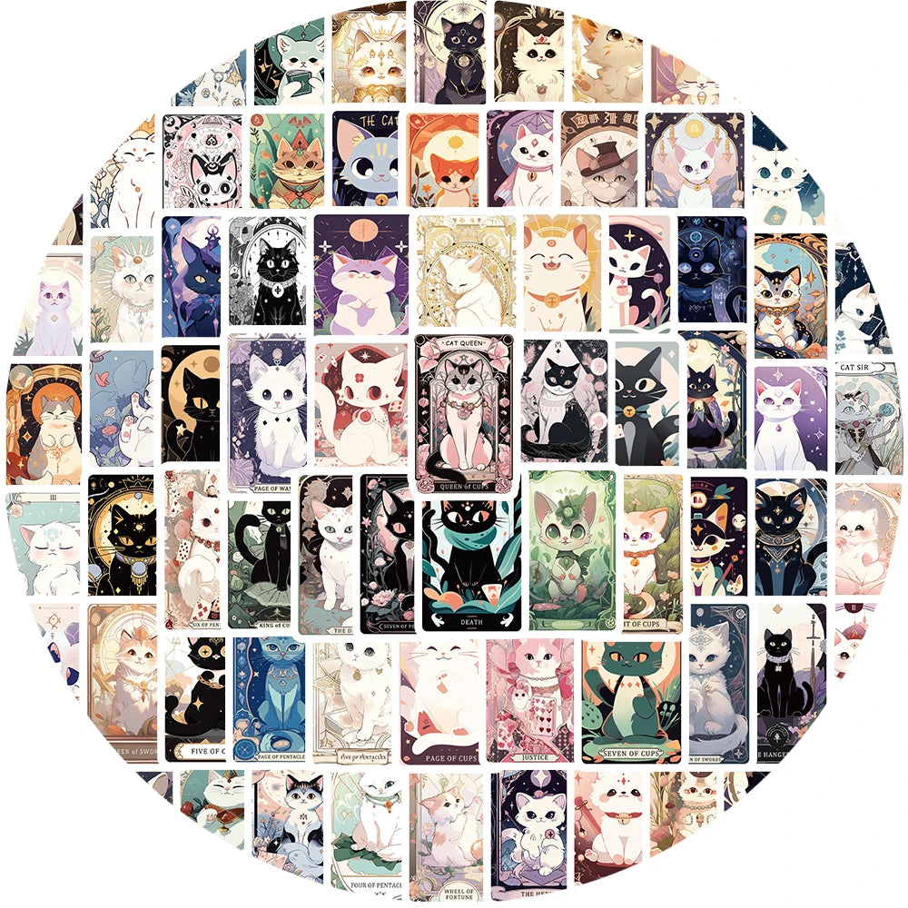 78PCS Cat Tarot Cards Sticker Cartoon Aesthetic Classic Decorative Phone Laptops Luggage Skateboard Suitcase Coffer Guitar Stick