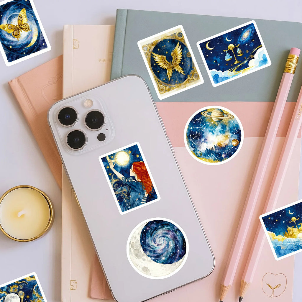 56PCS Dreamy Galaxy Blue Gold Stickers, Phone Tablet Student Stationery Creative Fantasy Decorative Waterproof Art Sticker