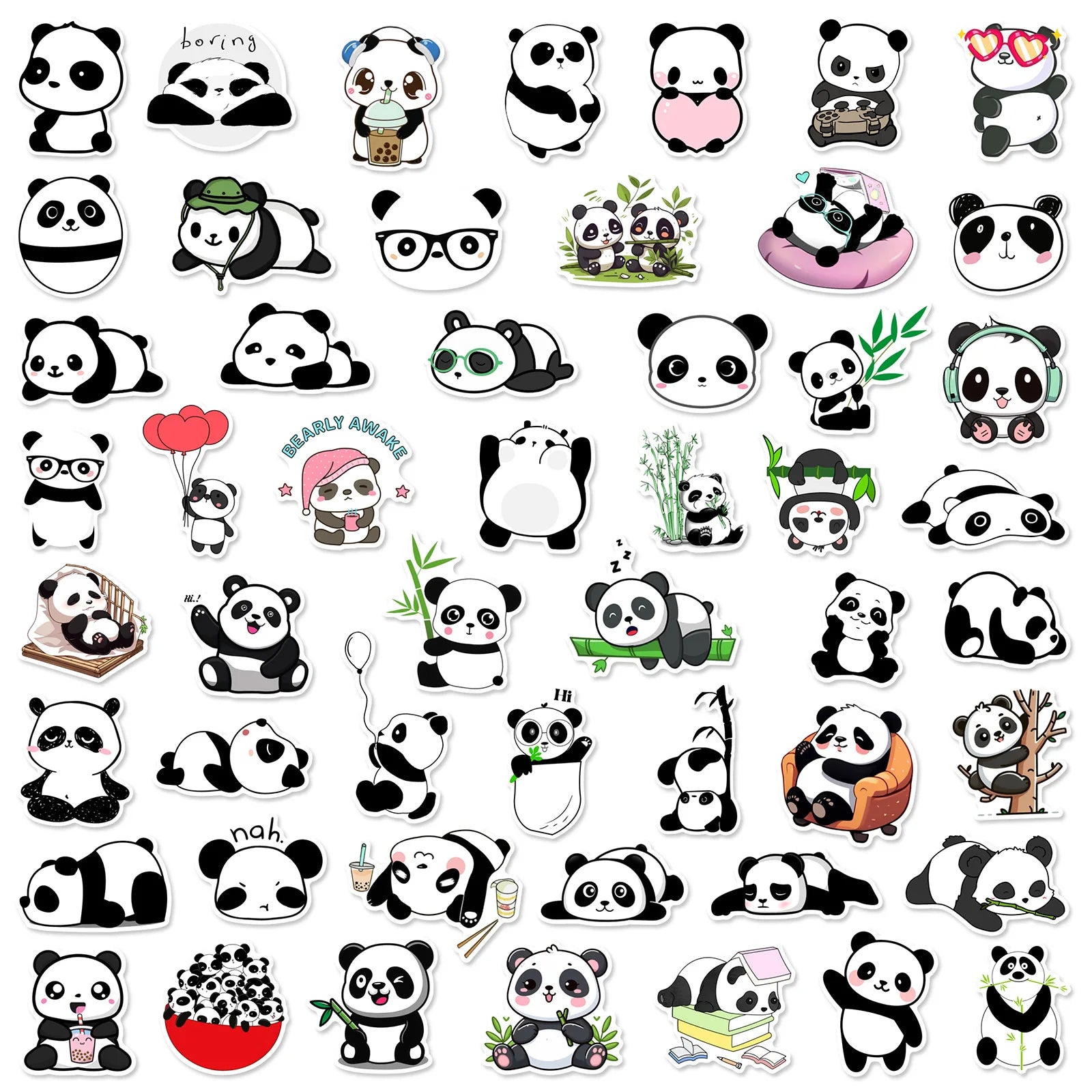 50PCS Cute Panda Graffiti Sticker Phone Case, Luggage, Water Cup, Tablet Guitar Waterproof Sticker