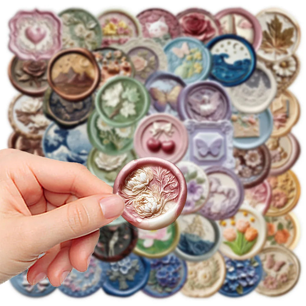 52-Pack Embossed Printed Paint Retro Waterproof Transparent PET Decor Stickers for Phone Envelope Stationery Notebook