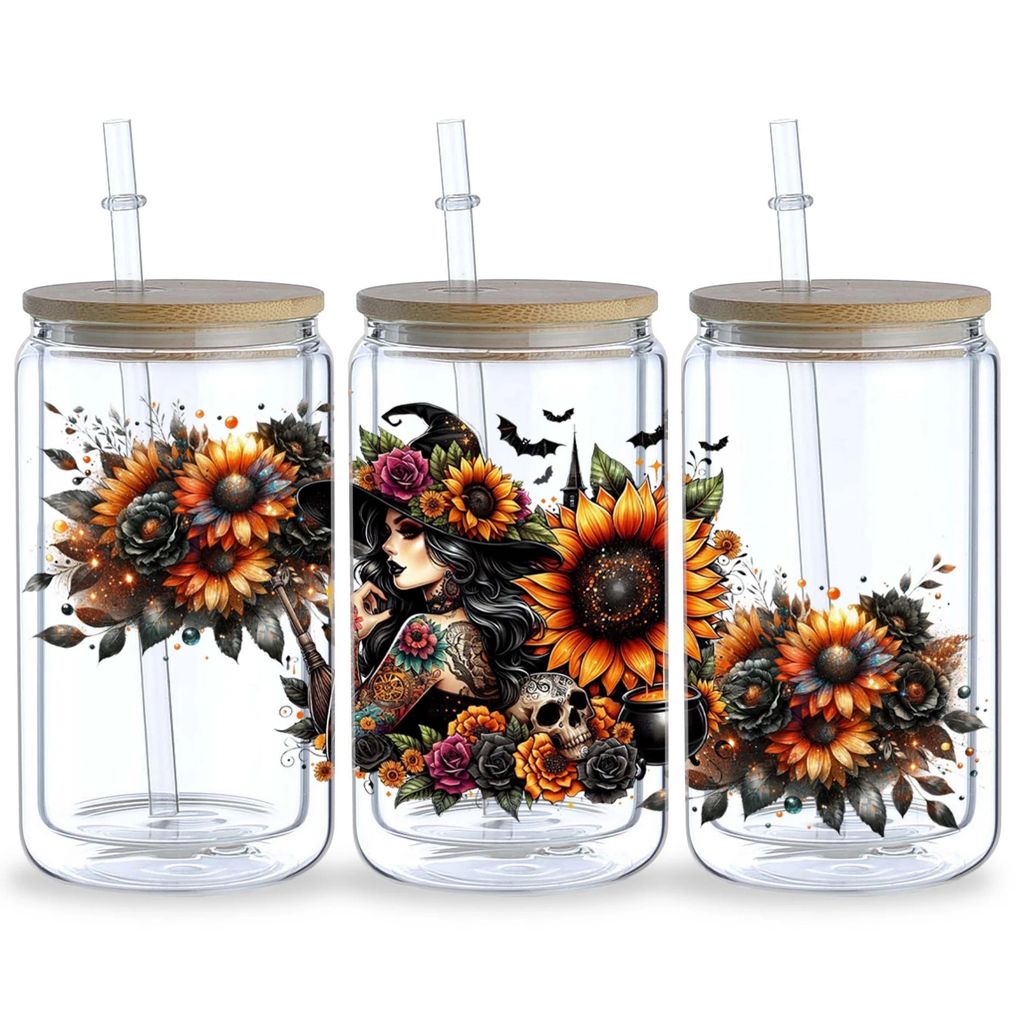 5 Sheets Halloween Witch UV DTF Glass Cup Wrap Transfer Stickers, DTF Transfer Stickers, Waterproof Wipe-Off Transfer