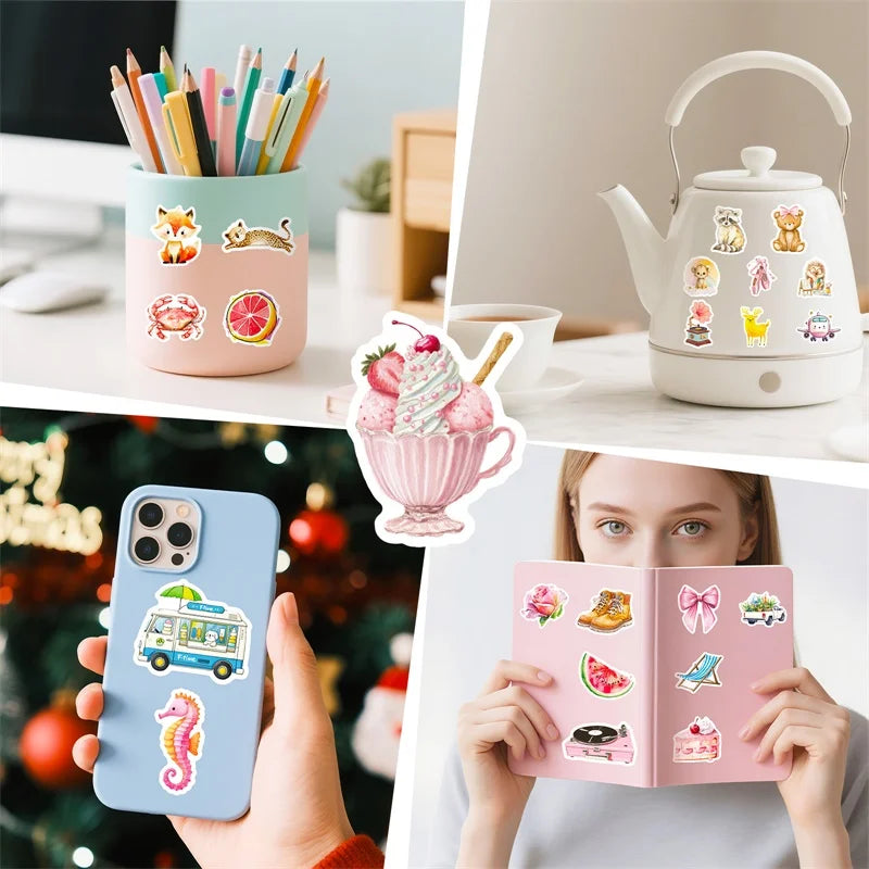 10/30/56PCS Kawaii Pink Item PVC Sticky Sticker Aesthetic Children's DIY Korean Decoration Scrapbooking School Supplies
