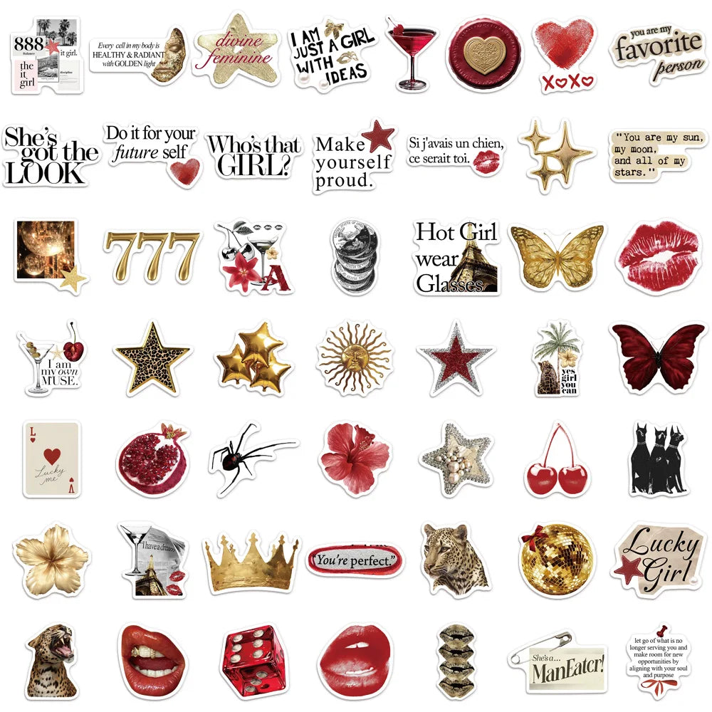 50PCS Gold&Red Decorative Stickers Set DIY Scrapbook Phone Case Laptop Tablet Toy Decorative Stickers