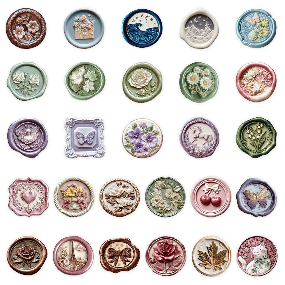 52-Pack Embossed Printed Paint Retro Waterproof Transparent PET Decor Stickers for Phone Envelope Stationery Notebook