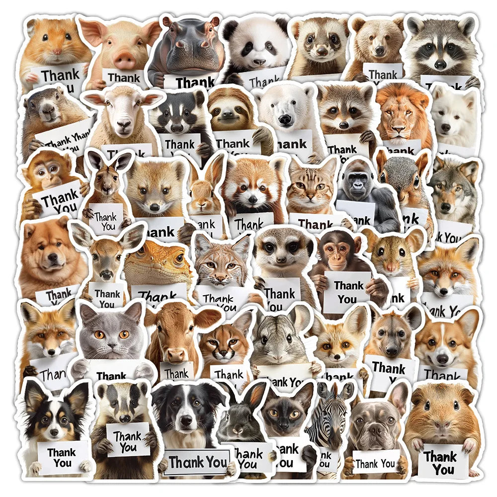 50-Pack Realistic Animal Holding THANK YOU Stickers for Notebook Water Cup Stationery Box Luggage Decoration