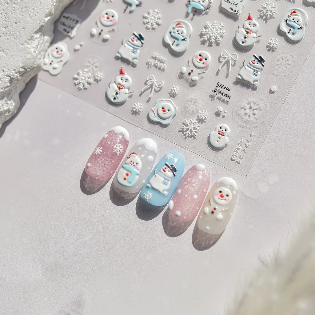 Cute Mini Snowman Nail Art Decorations Decals Stickers Merry Christmas Snowflake Bows Pattern Nails 3D Decorations Stickers DIY