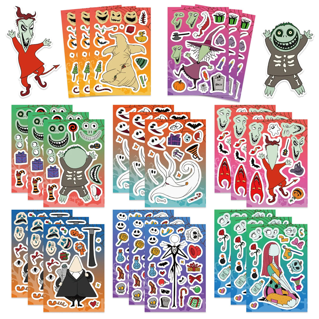 8/16/24PCS Cartoon Halloween Horror Night Face Changing Collar DIY Phone Notebook Decoration Waterproof Stationery Sticker