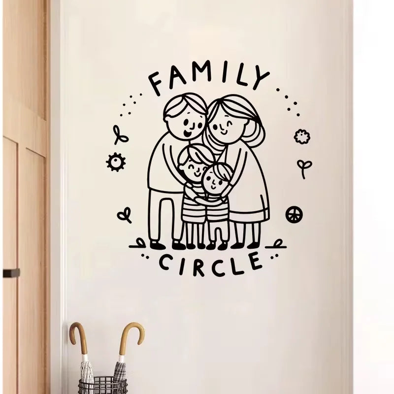 1pcs A heart - warming family of four embracing, with FAMILY CIRCLE written above, surrounded by cute decorative elements. Wall