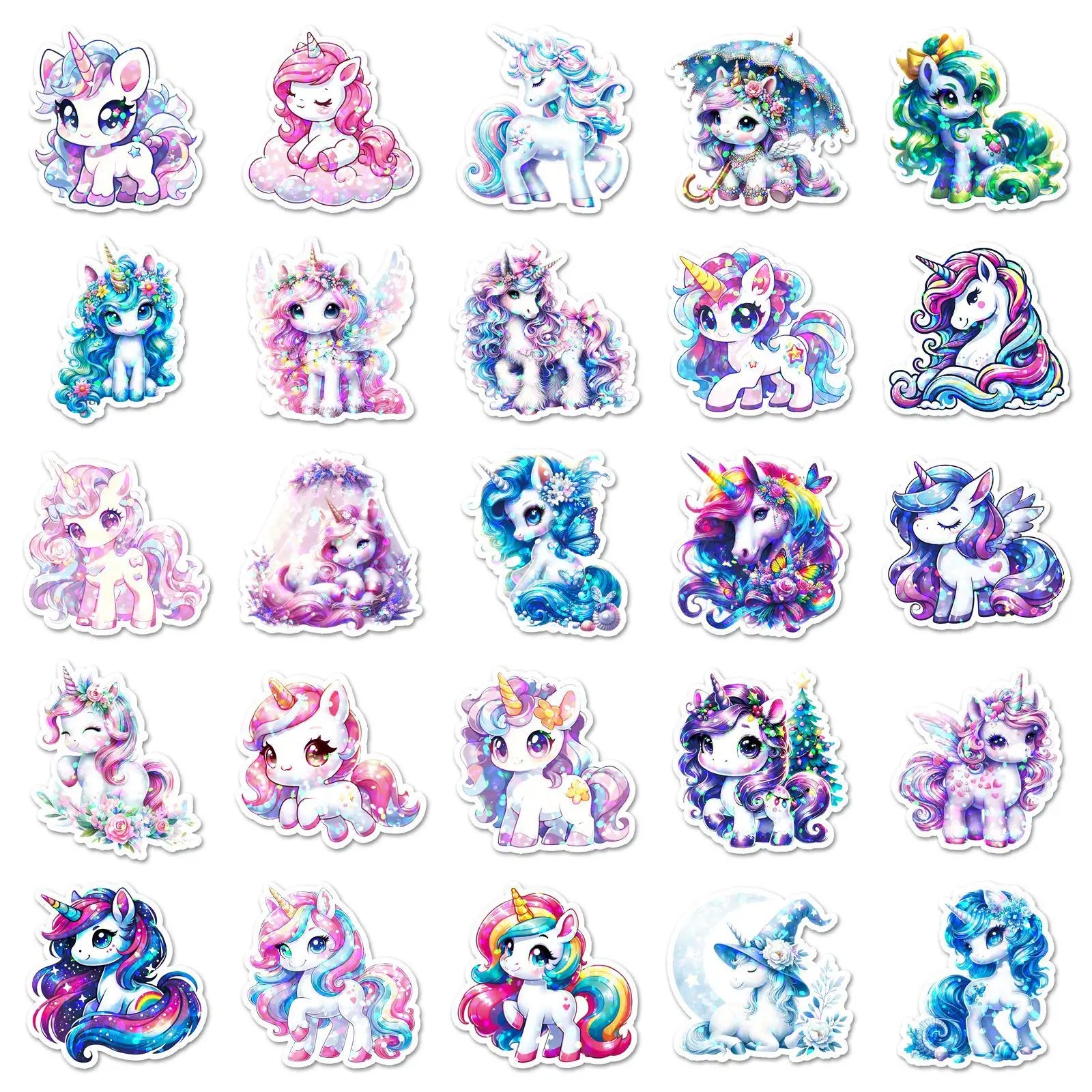 50/100PCS Rainbow Horse Flash Film Laser Stickers Unicorn Cute Cartoon Animal Waterproof Computer Stationery Stickers